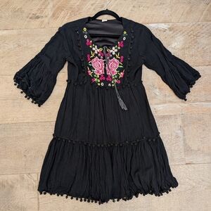 Sharifa | Black Embroidered Bohemian Tunic Dress